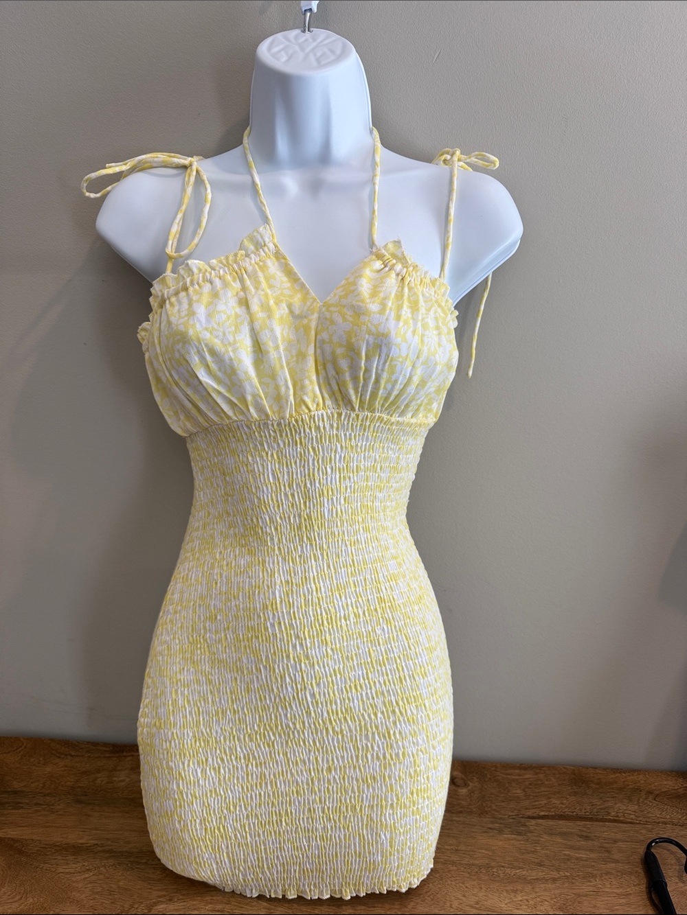 Yellow Smocked Tie-Shoulder Mini Dress
